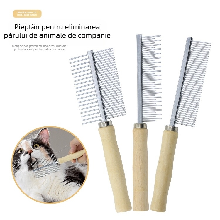 Pieptene pentru pisici cu mâner din lemn, dinți într-un singur rând și în două rânduri, dinți înalți și joși (lemn + oțel inoxidabil)