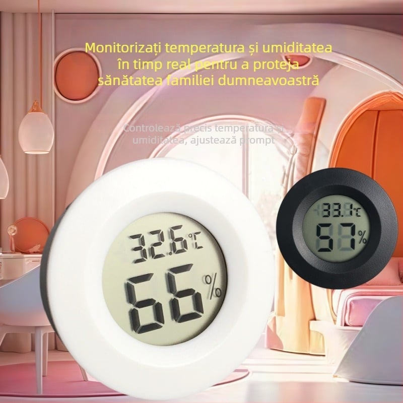 Termometru circular pentru temperatură și umiditate, pentru cutie de creștere reptile — termometru digital încorporat, interval -10…50°C, umiditate 10–99%