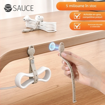 Organizator de cabluri montat pe perete din silicon cu magnet, holder pentru cabluri de date, design simplu și modern, pentru depozitare pe birou
