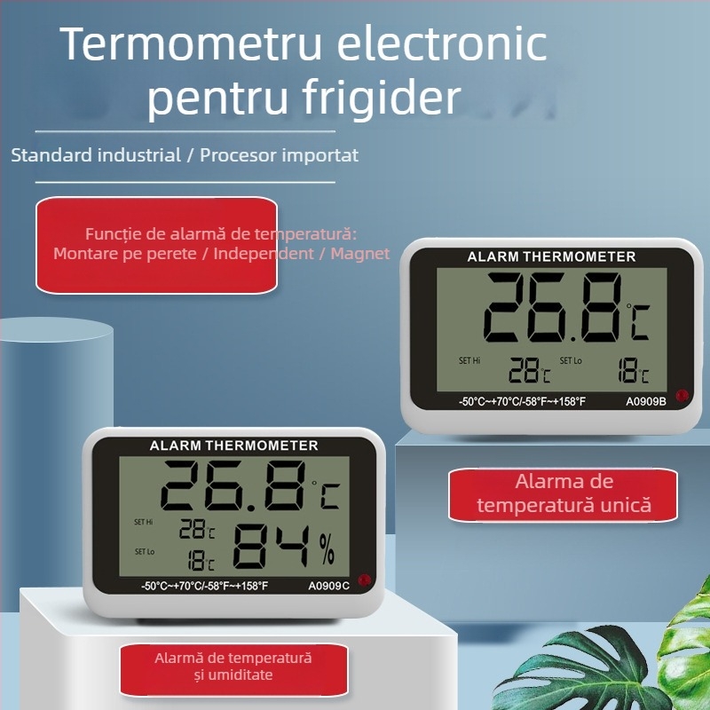 Măsurător electronic de temperatură și umiditate cu alarmă și magnet pentru frigider/congelator, interval -50 la 70 °C, precizie ±1 °C, dimensiuni 62×60×17 mm, baterie LR44/AG13