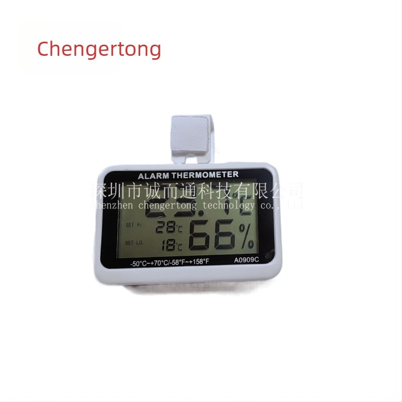 Măsurător electronic de temperatură și umiditate cu alarmă și magnet pentru frigider/congelator, interval -50 la 70 °C, precizie ±1 °C, dimensiuni 62×60×17 mm, baterie LR44/AG13