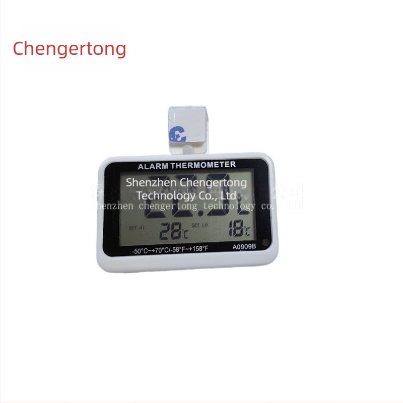 Măsurător electronic de temperatură și umiditate cu alarmă și magnet pentru frigider/congelator, interval -50 la 70 °C, precizie ±1 °C, dimensiuni 62×60×17 mm, baterie LR44/AG13