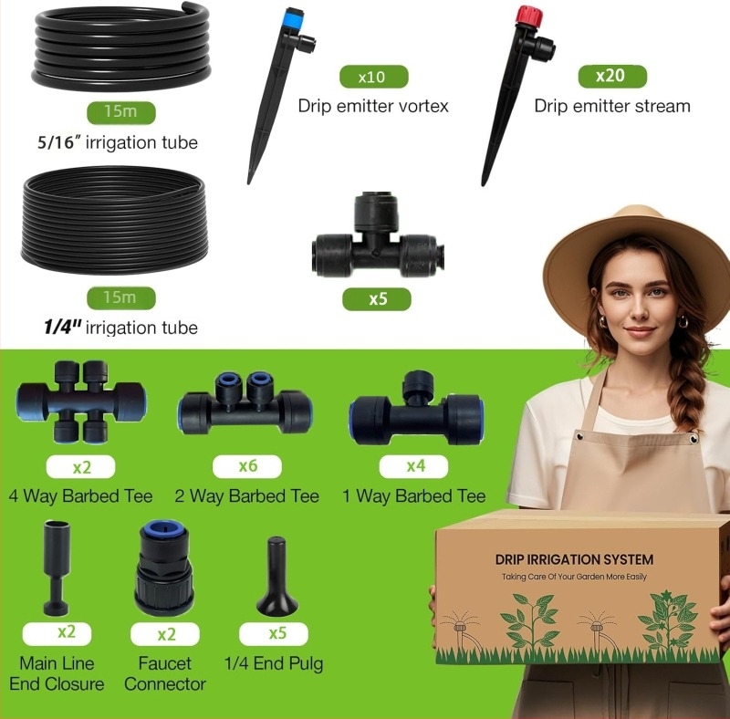 Kit de sistem de irigare prin picurare pentru udare automată — materiale PE/POM, conectare rapidă, irigare prin micro-aspersor, capacitate 30