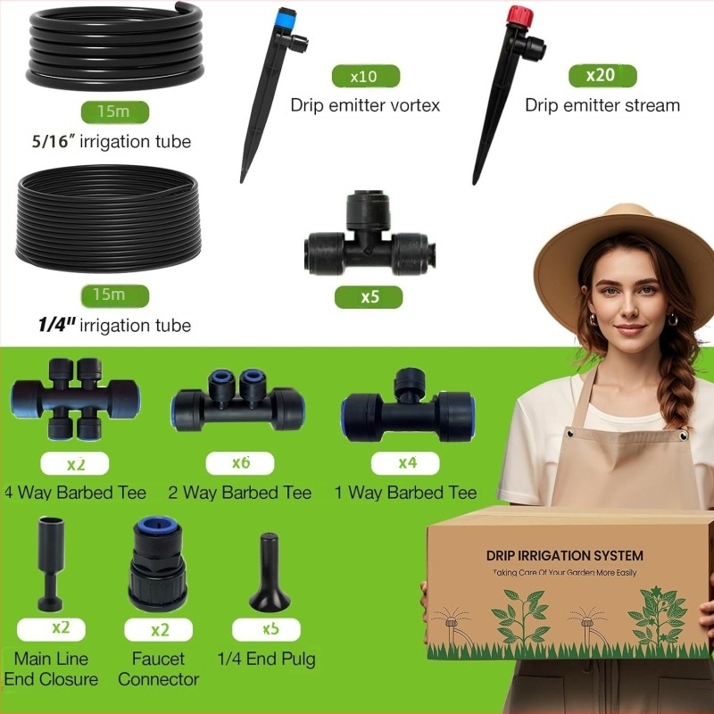 Kit de sistem de irigare prin picurare pentru udare automată — materiale PE/POM, conectare rapidă, irigare prin micro-aspersor, capacitate 30