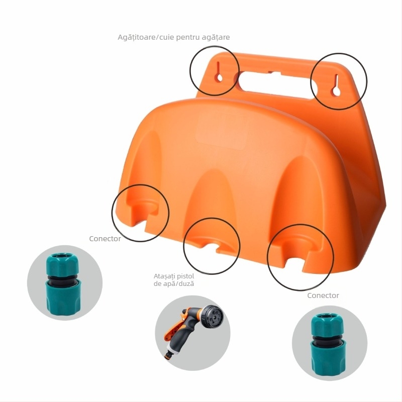 Raft de stocare pentru furtun pe perete din plastic pentru unelte de irigații și udare în grădină (Material: PP; Tip: suport pentru țevi de apă; Conectare: conectare rapidă; Aplicații: grădină de acasă, agricultură, spații verzi publice)