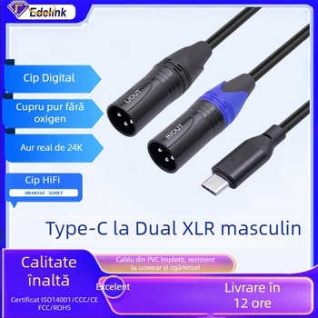 Cablu audio Type-C către XLR dublu, masculin, în formă de Y, pentru canale stângi și drepte - cu cupru OFC, conectori placati cu aur, cip HIFI 384kHz/32bit