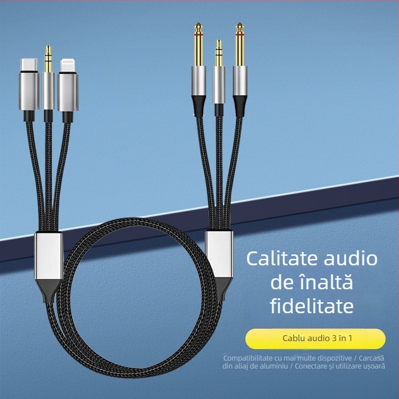 Cablu audio Type-C trei în unu, adaptor 3.5 mm la 6.35 mm, placat cu aur, miez de cupru, cupru fără oxigen, 40 g