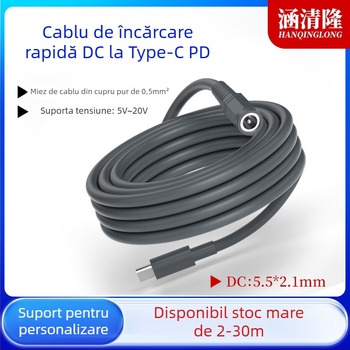 Cablu de extindere PD Type-C către DC5521, conector femelă, înaltă putere, lungime 0,5–30 m