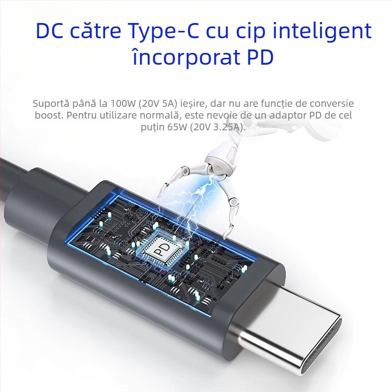 Cablu de extindere PD Type-C către DC5521, conector femelă, înaltă putere, lungime 0,5–30 m