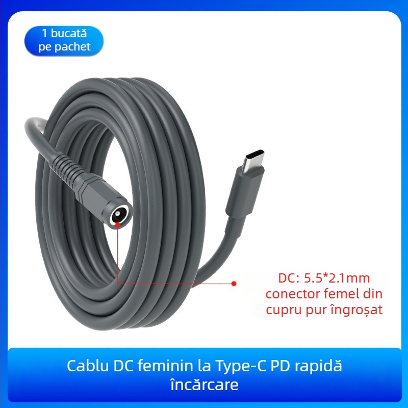 Cablu de extindere PD Type-C către DC5521, conector femelă, înaltă putere, lungime 0,5–30 m