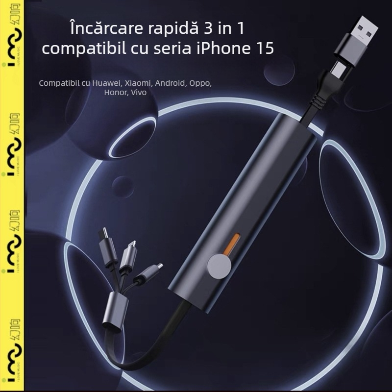 Cablu metalic 3 în 1 cu încărcare rapidă pentru Apple, Huawei și Android
