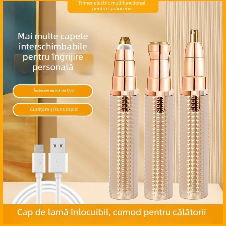 Trimmer electric multifuncțional pentru sprâncene, păr la nas și pe corp; carcasă ABS; alimentare USB; lamă detașabilă pentru curățare facilă; greutate 64 g.