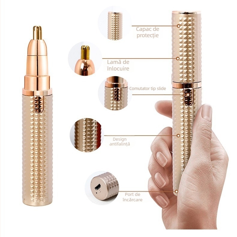 Trimmer electric multifuncțional pentru sprâncene, păr la nas și pe corp; carcasă ABS; alimentare USB; lamă detașabilă pentru curățare facilă; greutate 64 g.