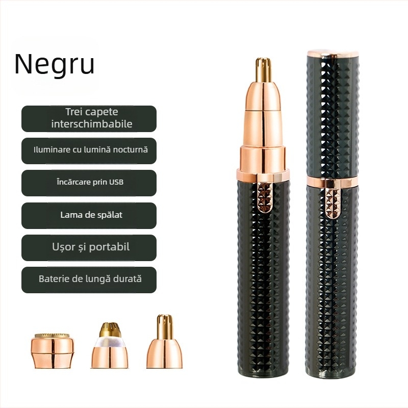 Trimmer electric multifuncțional pentru sprâncene, păr la nas și pe corp; carcasă ABS; alimentare USB; lamă detașabilă pentru curățare facilă; greutate 64 g.
