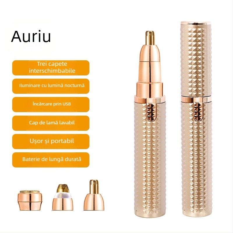 Trimmer electric multifuncțional pentru sprâncene, păr la nas și pe corp; carcasă ABS; alimentare USB; lamă detașabilă pentru curățare facilă; greutate 64 g.