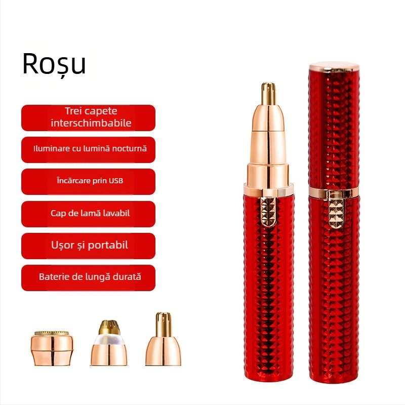 Trimmer electric multifuncțional pentru sprâncene, păr la nas și pe corp; carcasă ABS; alimentare USB; lamă detașabilă pentru curățare facilă; greutate 64 g.