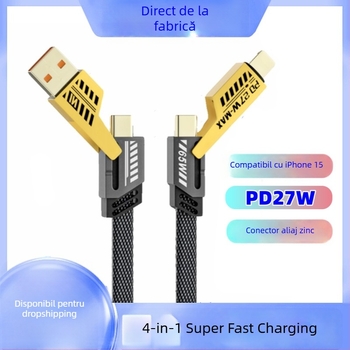 Cablu USB-C și Lightning pentru date și încărcare, cablu împletit, încărcare PD rapidă, lungime 1 m, ieșire duală