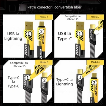 Cablu USB-C și Lightning pentru date și încărcare, cablu împletit, încărcare PD rapidă, lungime 1 m, ieșire duală