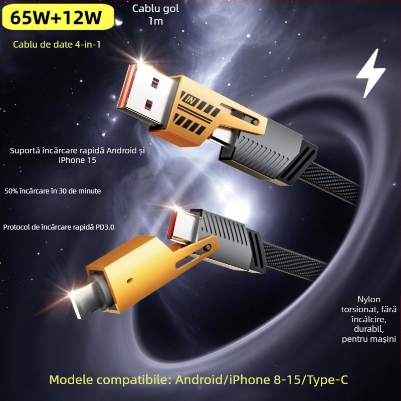 Cablu USB-C și Lightning pentru date și încărcare, cablu împletit, încărcare PD rapidă, lungime 1 m, ieșire duală