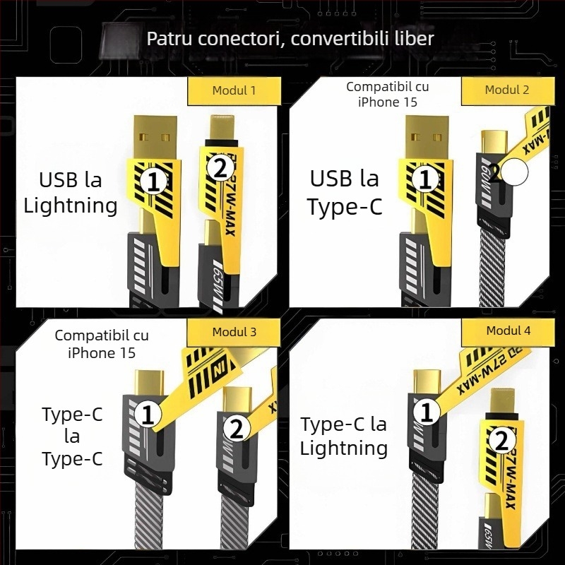 Cablu USB-C și Lightning pentru date și încărcare, cablu împletit, încărcare PD rapidă, lungime 1 m, ieșire duală