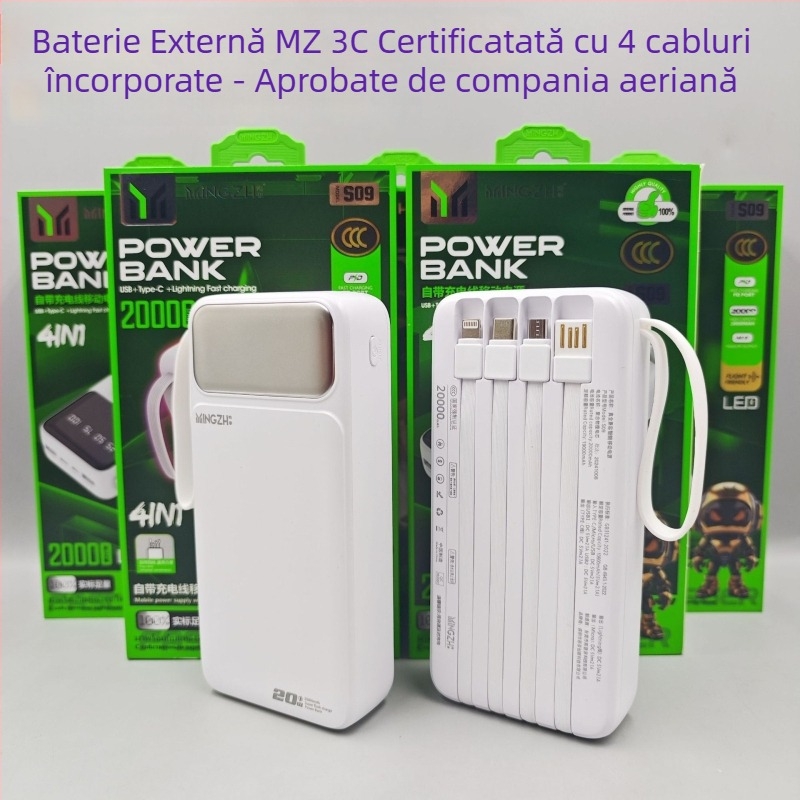 Baterie externă 20000 mAh, cablu încorporat, afișaj digital, încărcare 12W, ieșire USB multiplă