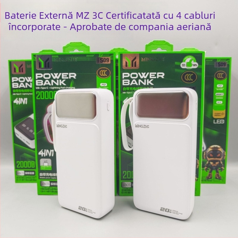 Baterie externă 20000 mAh, cablu încorporat, afișaj digital, încărcare 12W, ieșire USB multiplă