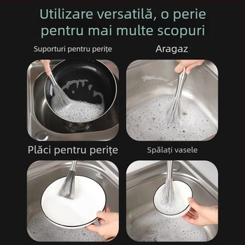 Perie pentru oale cu mâner lung, din oțel inoxidabil 304, cu bilă de oțel pentru curățare în bucătărie