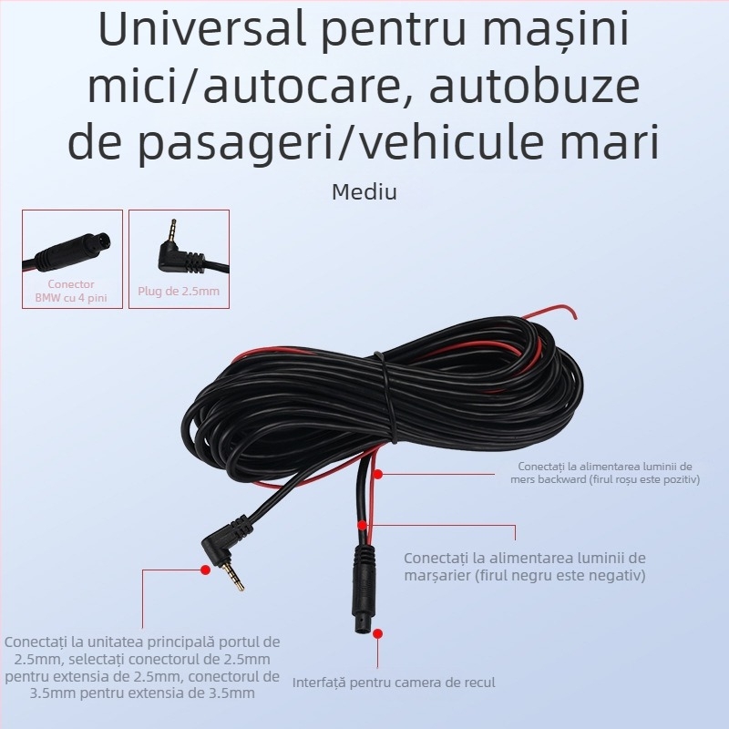 Cablu unghiular pentru dashcam, conector video 2.5 mm, 5 pini digitali, înveliș PVC, certificat Rohs