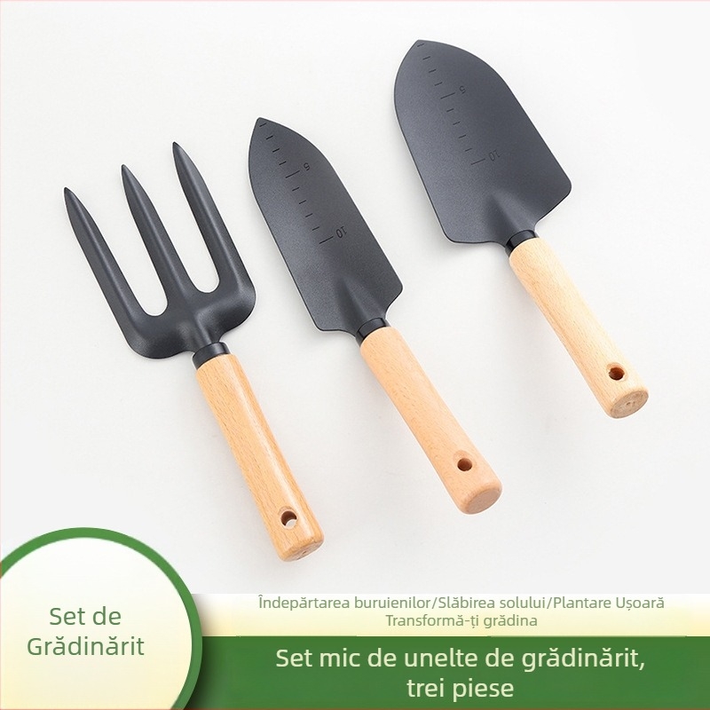 Hao Lan set de trei piese pentru grădină cu mâner din fag și fier, include lopată mică și lopățică de plantare