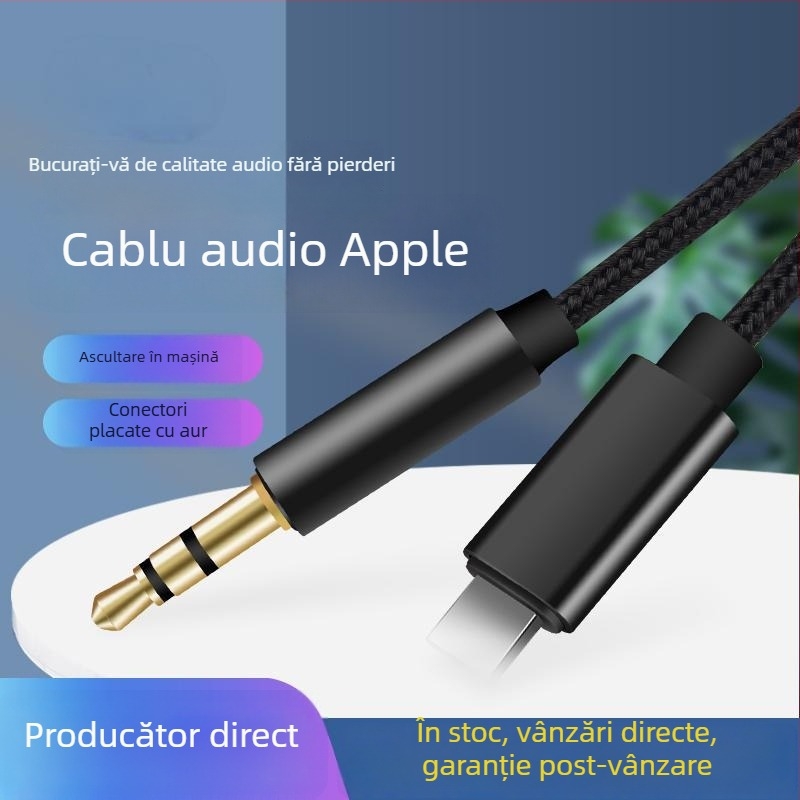 Cablu audio auto Lightning la 3,5 mm pentru iPhone 15 — conectori placați cu aur, nucleu din nylon, fir de cupru, Rohs certificat