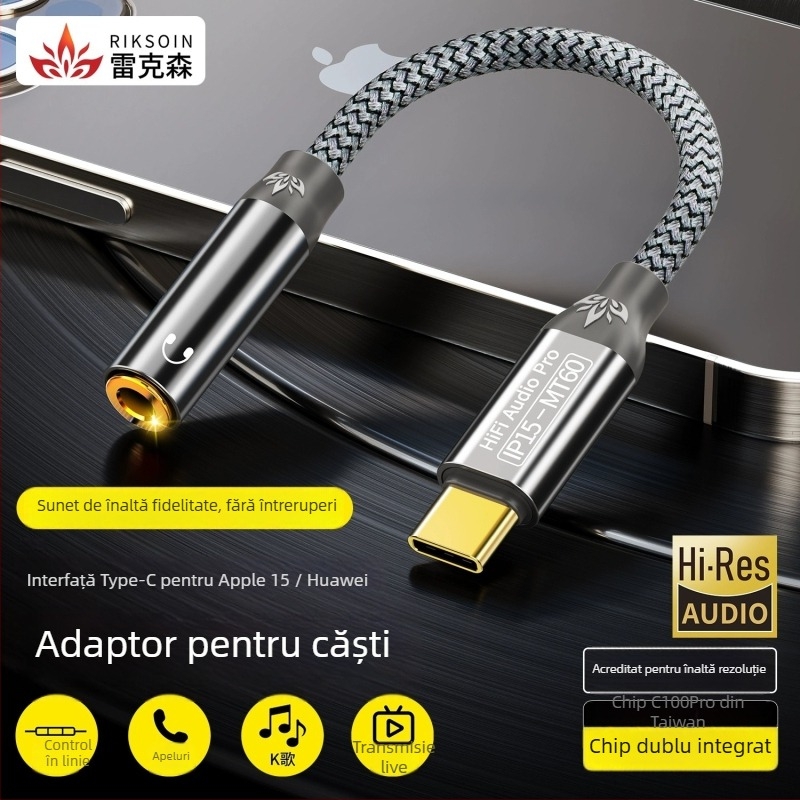 Adaptor pentru căști iPhone 15, cablu USB-C la 3,5 mm, nucleu din cupru placat cu aur și conductori de cupru, ROHS