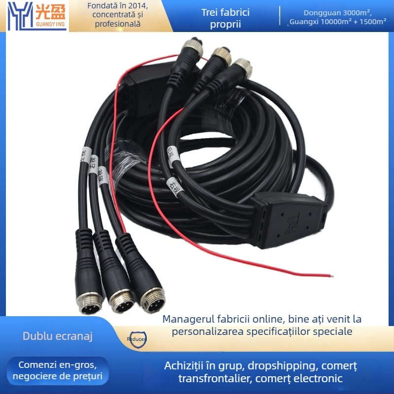 Cablu extensie cu conector video aviație, trei căi, 4 nuclee, pentru monitorizare auto și cameră de mers înapoi, rezistent la flacără