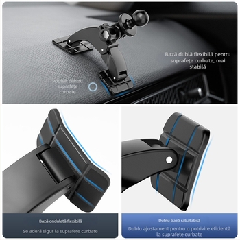 Bază pentru suport de telefon auto cu montaj pe bord prin adeziv și clapetă centrală pentru navigare (pe bord: montaj cu adeziv, compatibil universal, putere 5W)