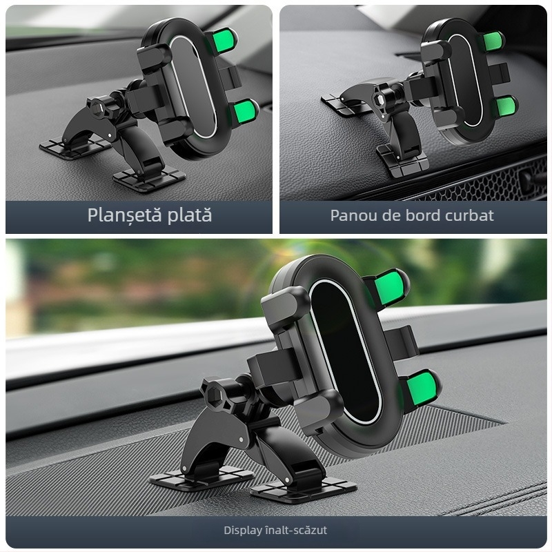 Bază pentru suport de telefon auto cu montaj pe bord prin adeziv și clapetă centrală pentru navigare (pe bord: montaj cu adeziv, compatibil universal, putere 5W)
