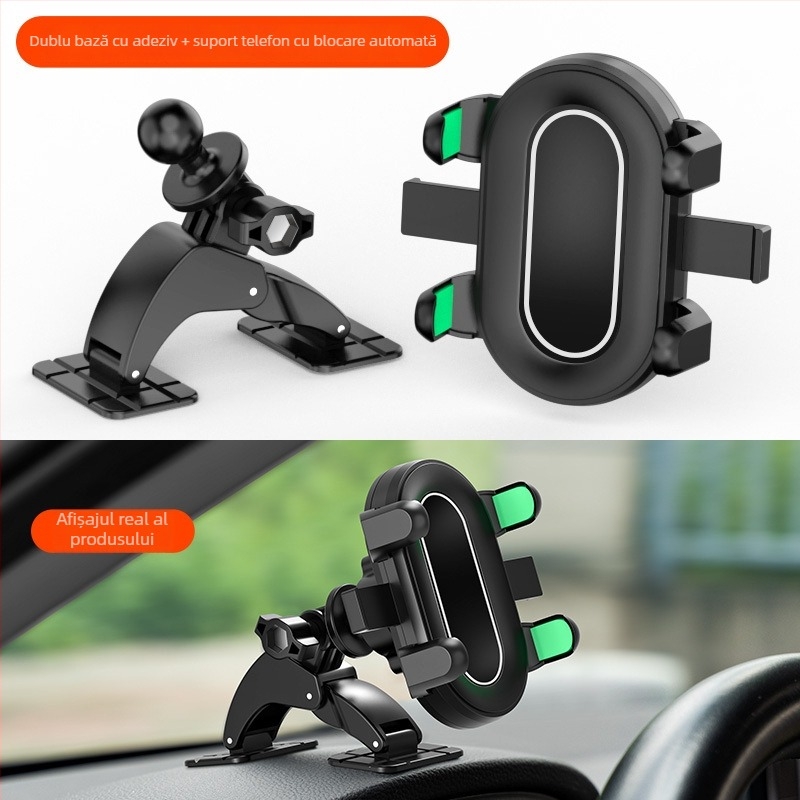 Bază pentru suport de telefon auto cu montaj pe bord prin adeziv și clapetă centrală pentru navigare (pe bord: montaj cu adeziv, compatibil universal, putere 5W)