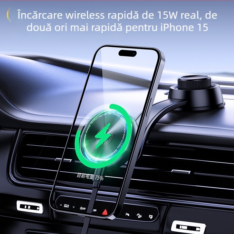 Suport auto pentru telefon cu încărcare wireless 15W, încărcare rapidă, suport magnetic, rotație la 360°, universal