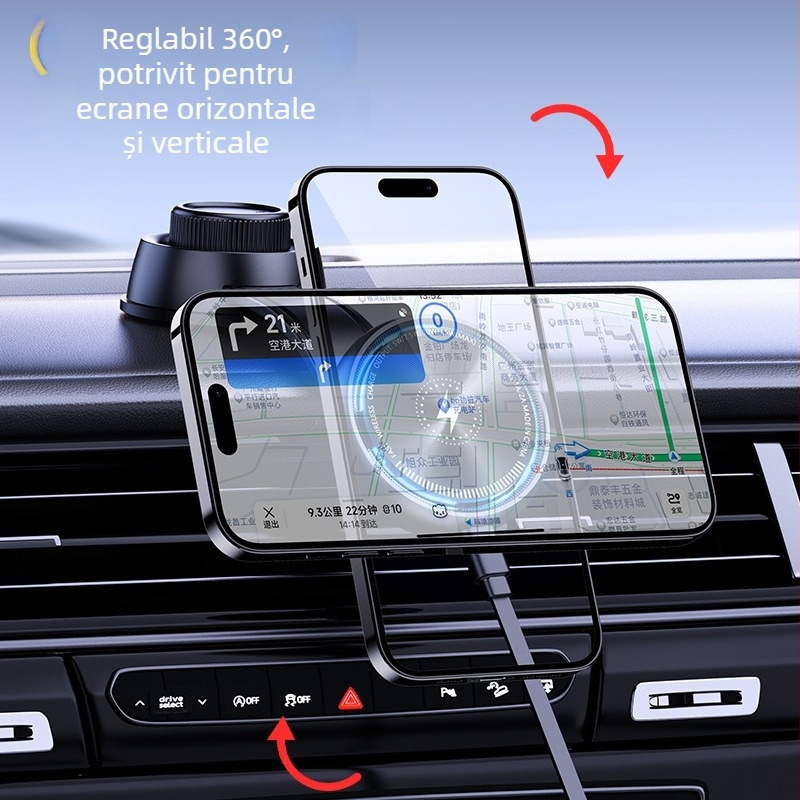 Suport auto pentru telefon cu încărcare wireless 15W, încărcare rapidă, suport magnetic, rotație la 360°, universal