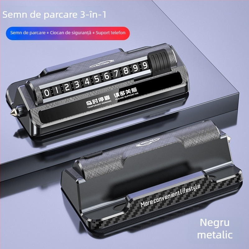 Suport auto pentru telefon 3-în-1 cu ciocan de siguranță și semn temporar de parcare; material plastic; model: Three-in-One Parking Sign; imprimare logo disponibil