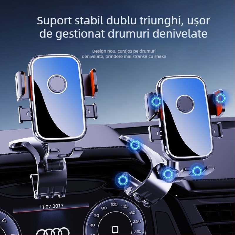Suport pentru telefon auto – aliaj, universal, montaj pe bord prin gravitație, antișoc