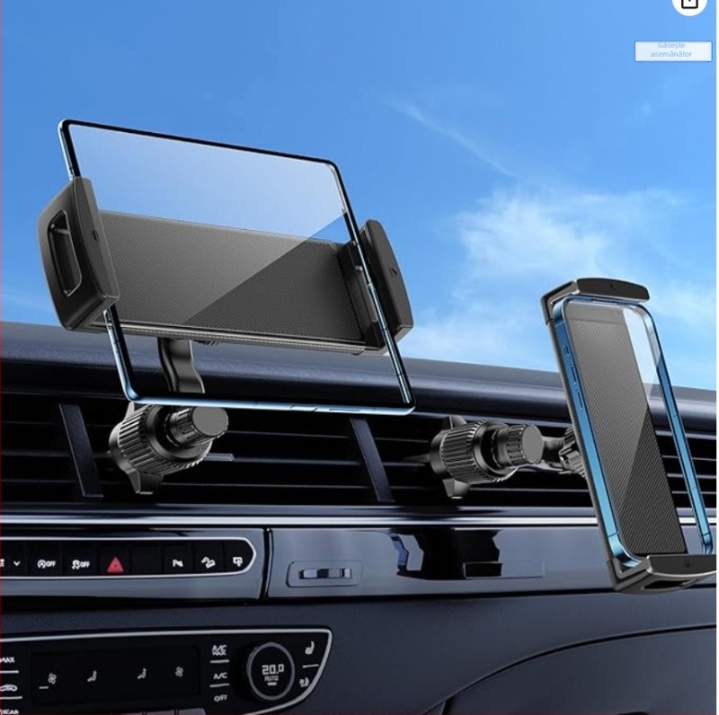 Suport auto pentru telefon și tabletă – montaj universal pe gură de aer, rotativ, prindere cu clips