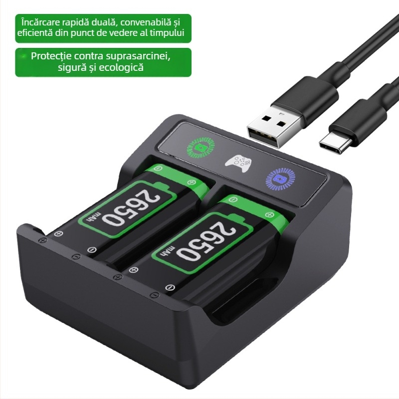 Pachet baterii reîncărcabile Xbox cu încărcător dublu pentru controlere – 2x2650mAh NiMH, Type-C, încărcare rapidă, protecție și indicator de încărcare, compatibil Series X/S și Xbox One