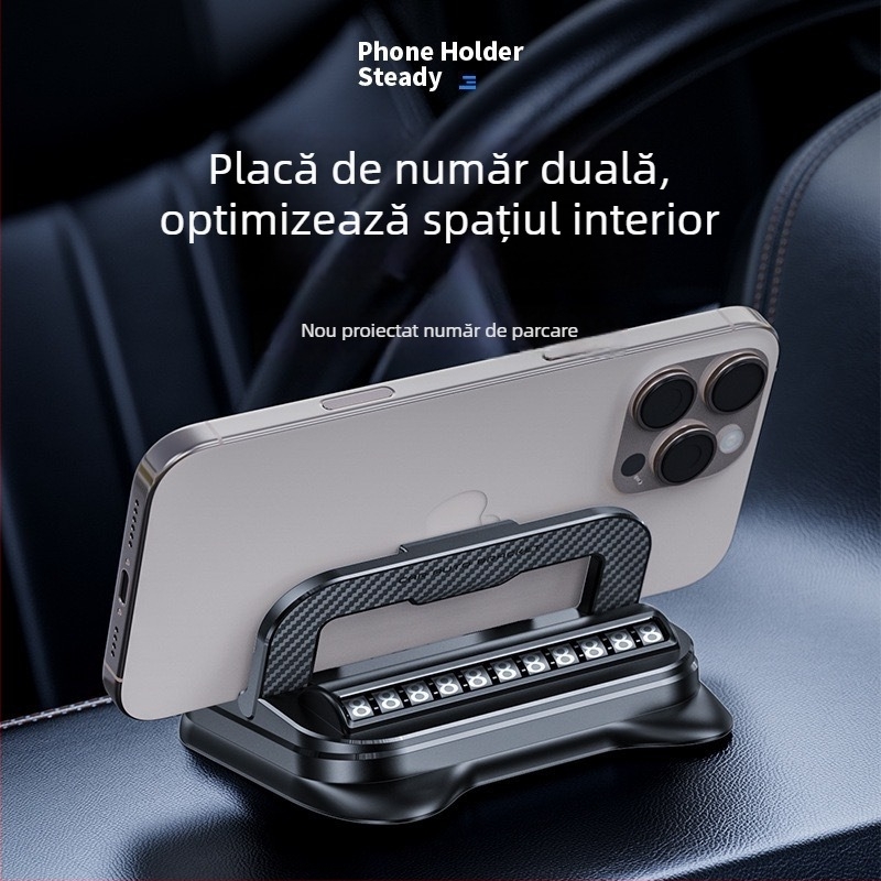 Suport auto 2 în 1 pentru telefon și suport pentru navigație pe bord, montaj cu bandă, rotire 360°, compatibil universal, suport pentru plăcuță de parcare temporară