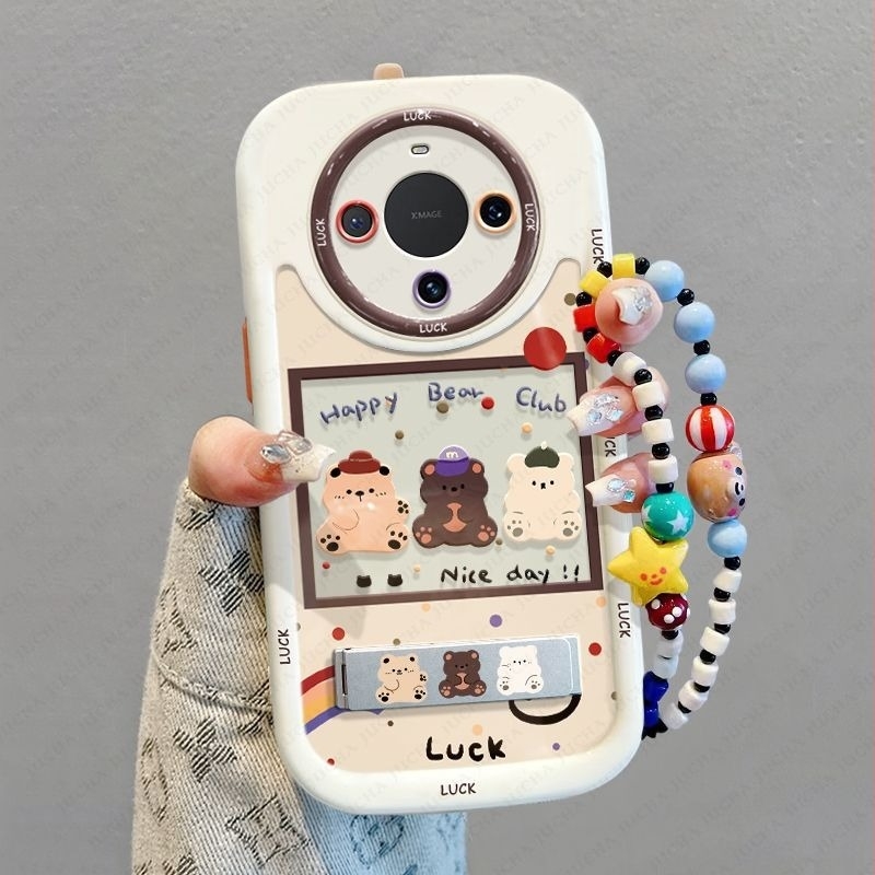 Husă din silicon pentru Huawei Mate70 cu lanț de prindere – protecție completă, design ursuleț desene animate, anti-cădere