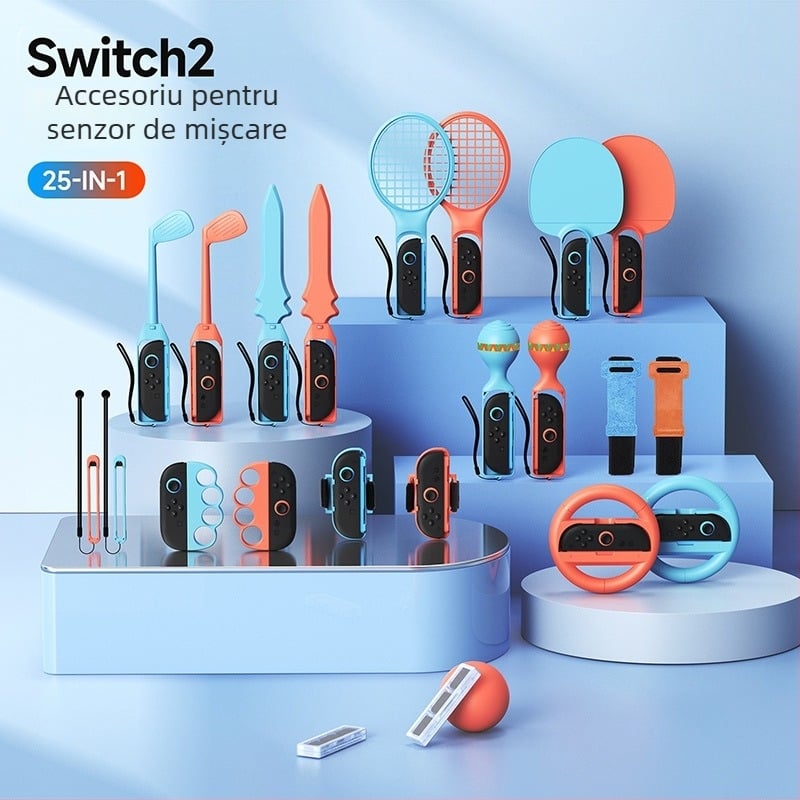 Switch2 Set de accesorii jocuri – Scrimă, Rachetă de tenis și Cutie pentru carduri cu volan de curse (Model Switch2; Material ABS+PC; Compatibil Switch2; 1–4 jucători; 12+ ani)