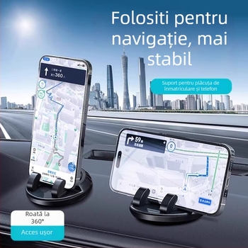 Suport pentru telefon auto, pe bord, rotire de 360°, iluminat, montaj cu bandă adezivă, pentru navigație și placă temporară de parcare