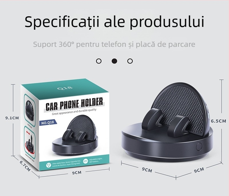 Suport pentru telefon auto, pe bord, rotire de 360°, iluminat, montaj cu bandă adezivă, pentru navigație și placă temporară de parcare