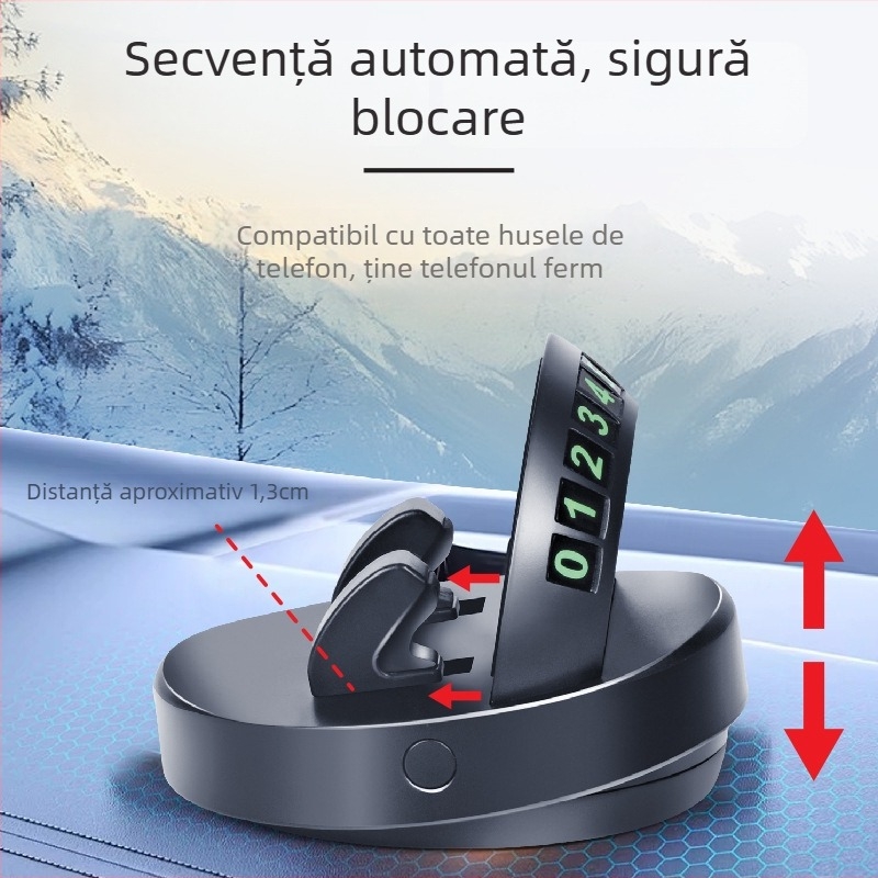 Suport pentru telefon auto, pe bord, rotire de 360°, iluminat, montaj cu bandă adezivă, pentru navigație și placă temporară de parcare