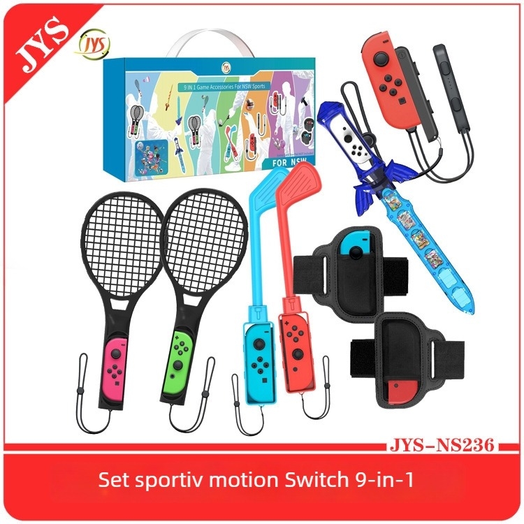 Set 9 în 1 accesorii sport somatosenzoriale pentru Switch – interfață USB, construcție ABS, include crose de golf x2, mânere mici x2, curea pentru picior x2, rachete de tenis x2, sabie