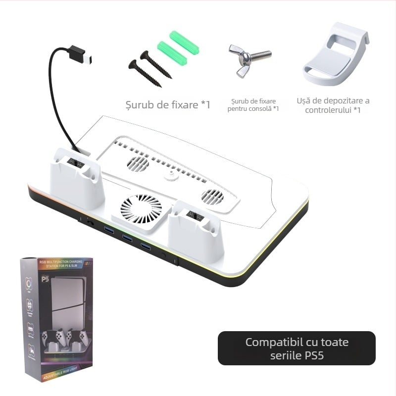 PS5 Slim/Pro Bază de încărcare rapidă cu ventilator de răcire și LED RGB, ABS