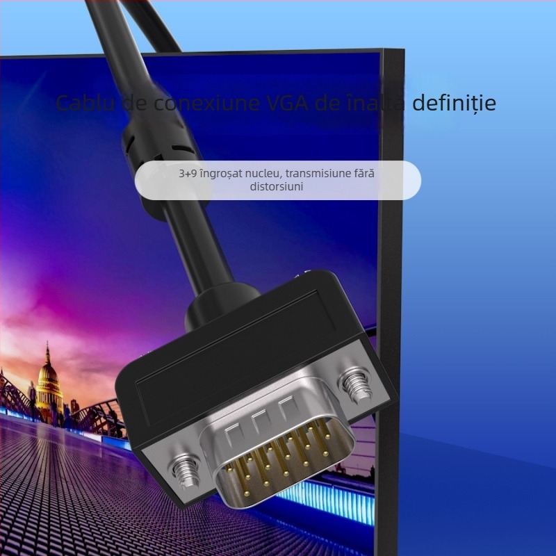 Cablu VGA, conectare bărbat-la-bărbat, nucleu din cupru pur 3+6, cupru fără oxigen, inel magnetic, transmisie semnal de înaltă definiție